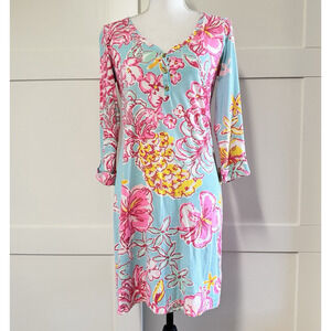 LILLY PULITZER Palmetto Dress sz S Breakwater Blue 3/4 Sleeve Floral Pima Cotton